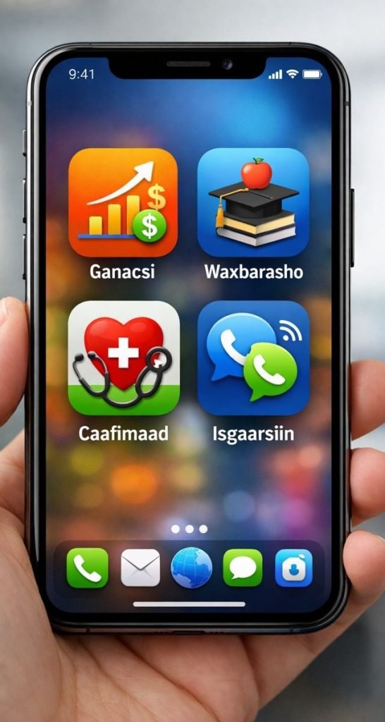 Taleefoon casri ah oo muujinaya apps ganacsi, waxbarasho, caafimaad iyo isgaarsiin.