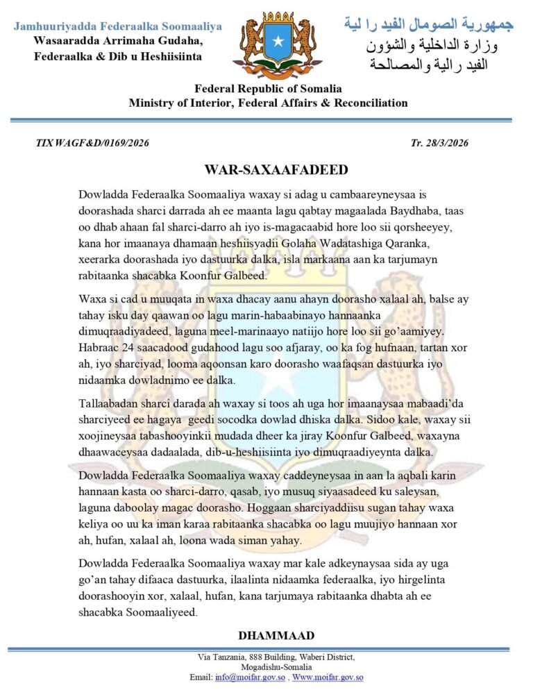 Dowladda federaalka oo ka hadashay doorashada ka dhacday Koonfur Galbeed