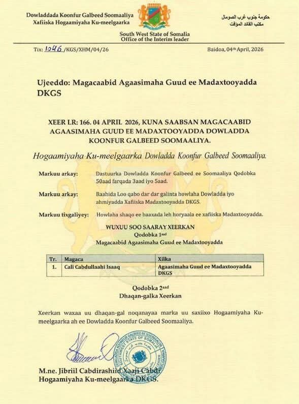Hoggaamiyaha ku-meel-gaarka ah ee Koonfur Galbeed oo sameeyay magacaabistii ugu horeysay