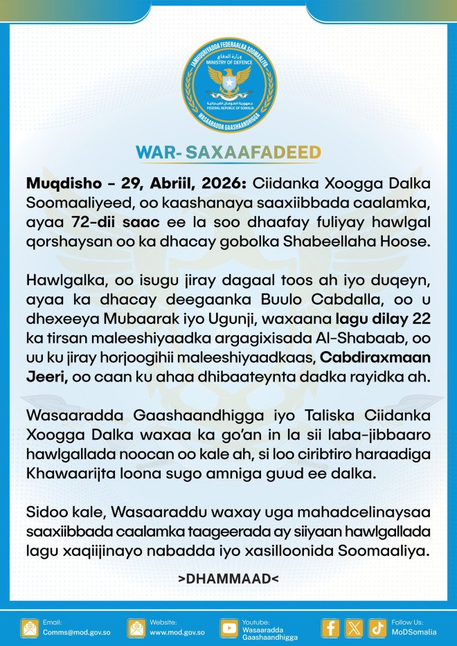 Hawlgal ka dhacay gobolka Sh/hoose oo lagu dilay xubno badan oo ka tirsan Al-shabaab