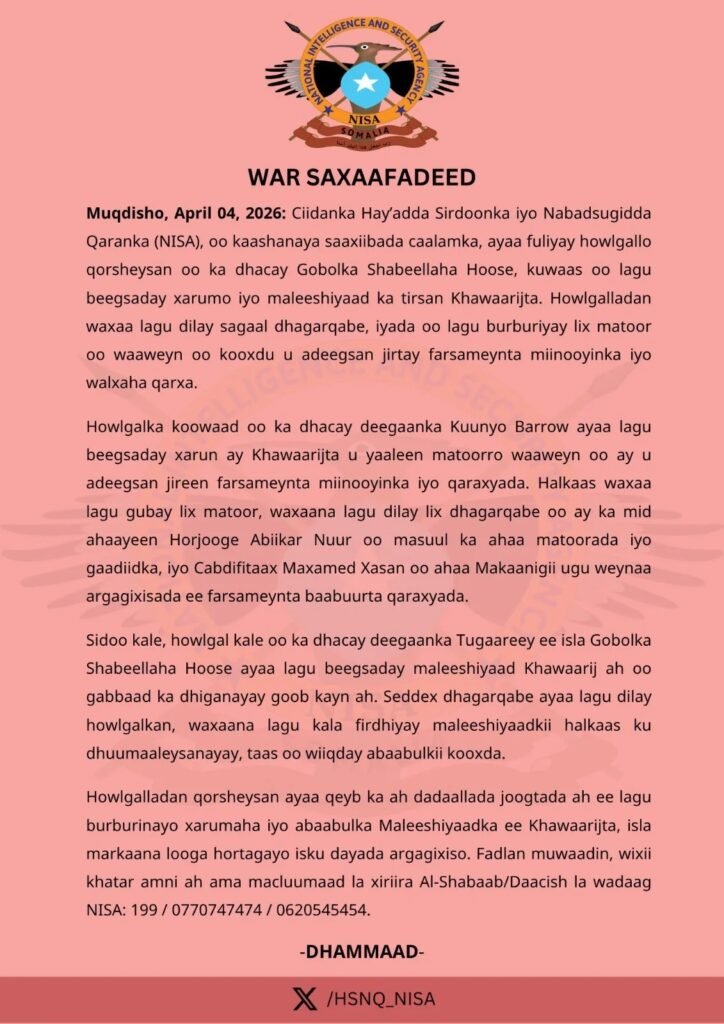 NISA oo shaacisay in howlgal qorsheysan lagu diley 9 katirsan Al-shabaab