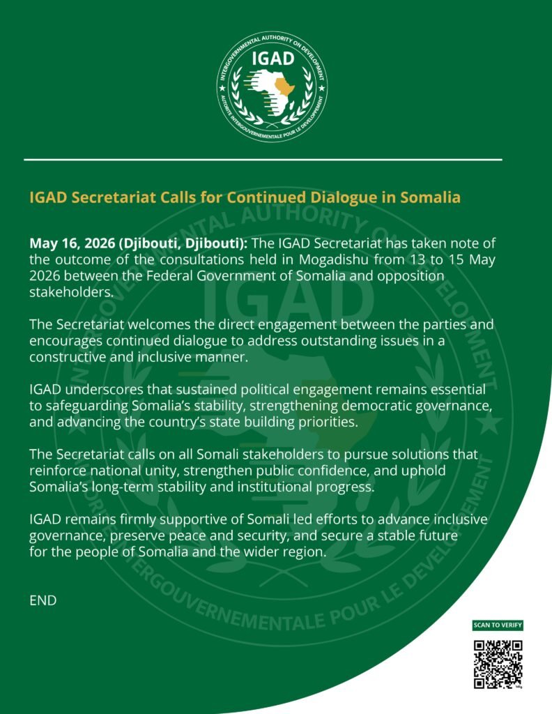 IGAD oo war kasoo saartay khilaafka u dhaxeeya dowladda iyo siyaasiyiinta mucaaradka