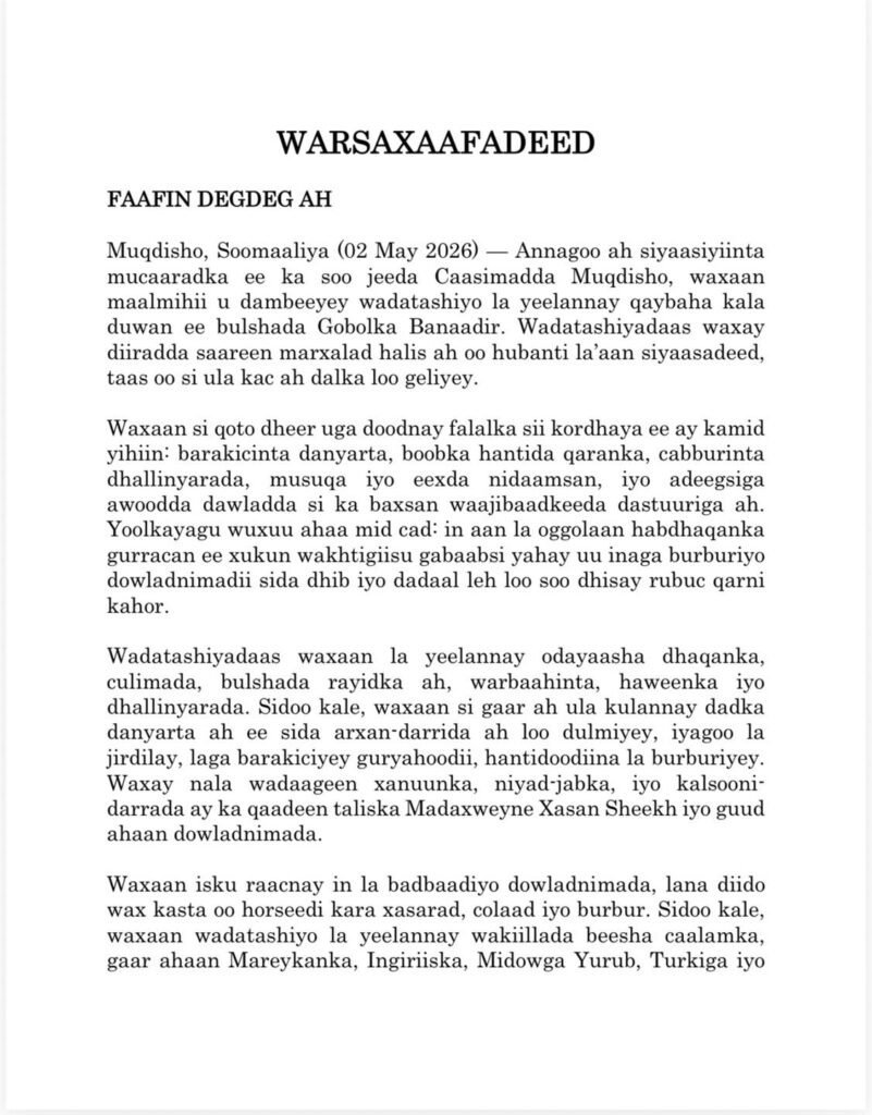 Siyaasiyiinta mucaaradka oo war-saxaafadeed kasoo saaray kulankii ay maanta yeesheen
