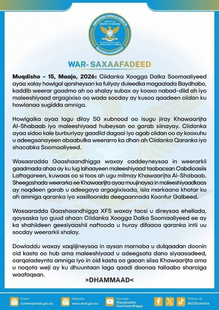 Dowladda federaalka oo shaacisay in 50 ka mid ah Al-shabaab lagu dilay duleedka Baydhabo
