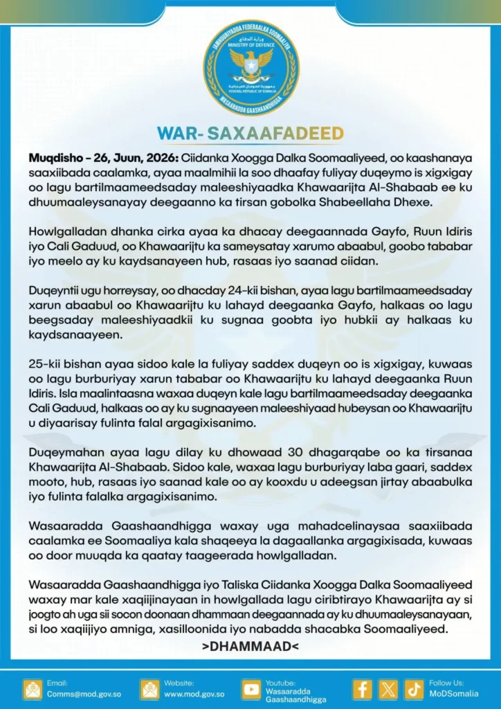 Dowladda Soomaaliya Oo Shaacisay Natiijada Duqeymo Ka Dhan Ah Al-Shabaab Oo Ka Dhacay Shabeellaha Dhexe