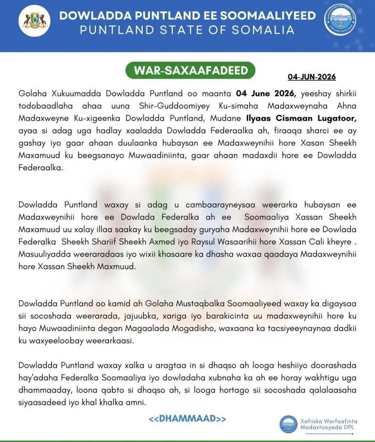 Puntland oo ka hadashay weerarradii lagu qaaday guryaha Sheekh Shariif iyo Xasan Cali Khayre