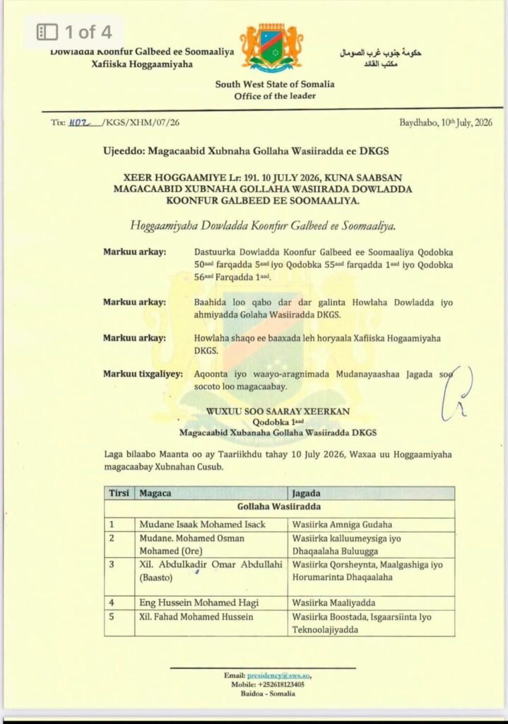 Sheekh Aadan Madoobe oo magacaabay golaha wasiirrada cusub ee maamulka Koonfur Galbeed