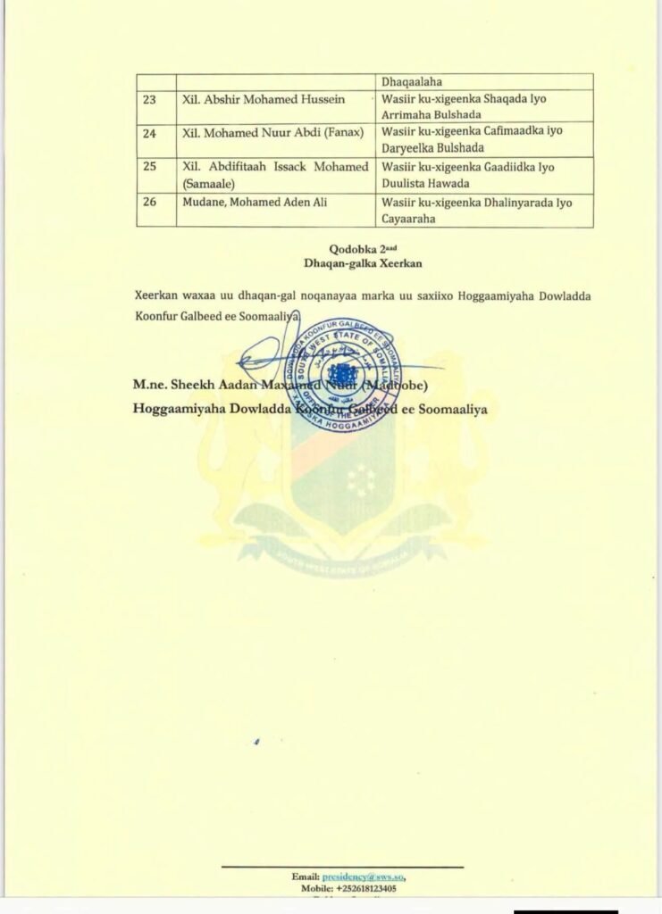 Sheekh Aadan Madoobe oo magacaabay golaha wasiirrada cusub ee maamulka Koonfur Galbeed