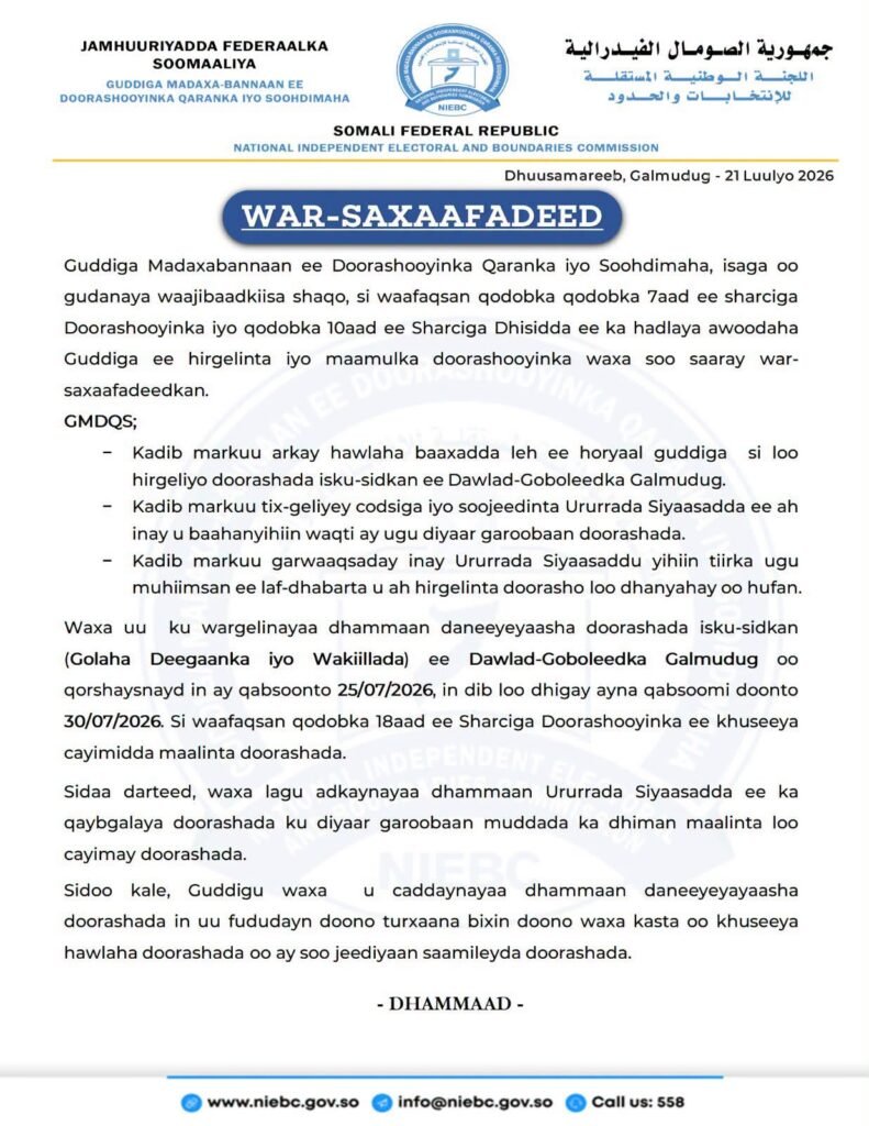 Guddiga madaxa bannaan ee doorashooyinka qaranka oo dib u dhigay doorashada Galmudug